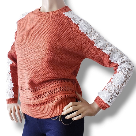 Listicle Rust Orange & White Lace Sleeve Knit Sweater - Picture 8 of 8